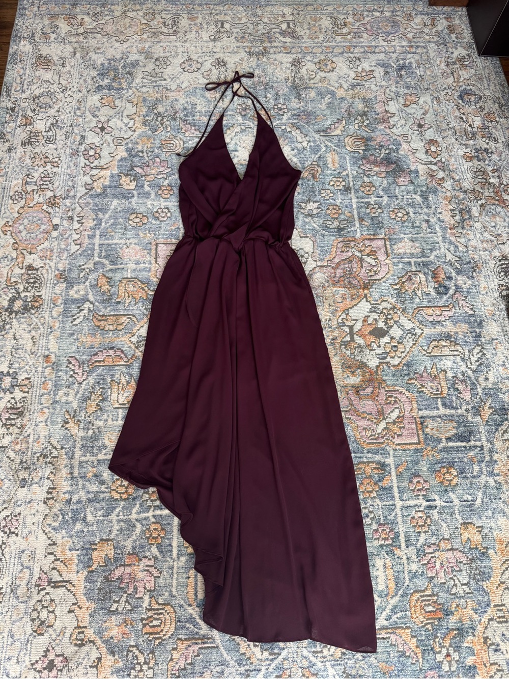 Krisa Halter Faux Wrap Assymetrical Hem Burgundy Women’s Evening Dress